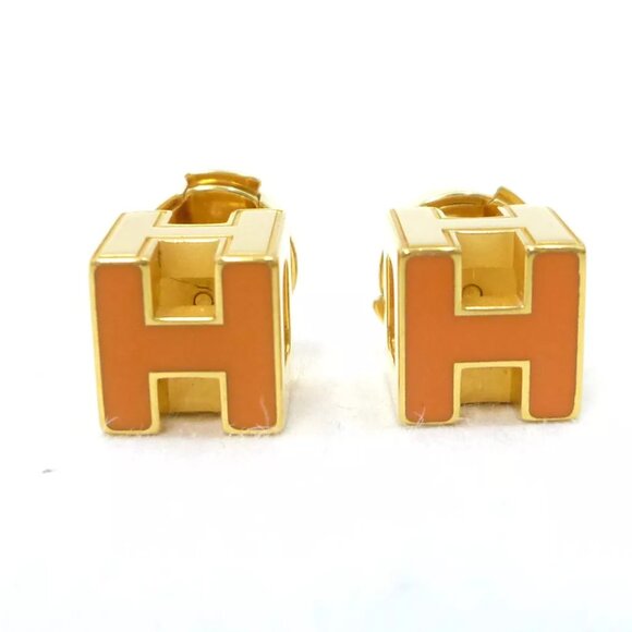 Authentic HERMES H Cube Earrings Orange/Gold Earrings --- Gold #36635833